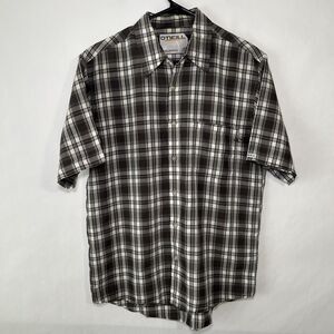O'Neill Short Sleeve Button Up Shirt Mens Size Medium Brown Gray Plaid Rayon